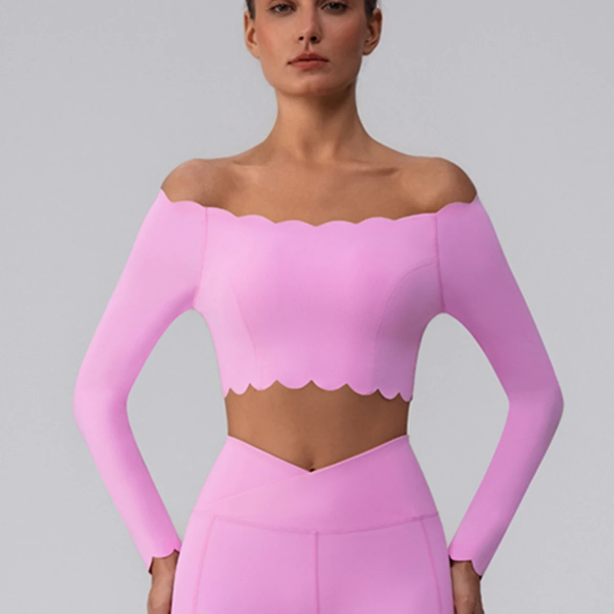 

Maxdutti Wave Casual Outerwear Yoga Top Off Shoulder Shoulder With Chest Mat Running Long Sleeve Top T-shirt Female Clothing