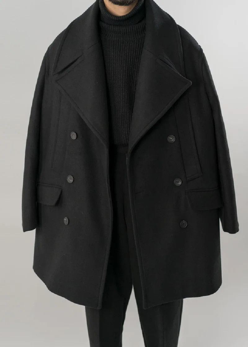 Warm Black Woolen Coat Autumn Winter New Style Versatile Mid-Length Trench Coat Youthful Vitality Style Double-Breasted Button