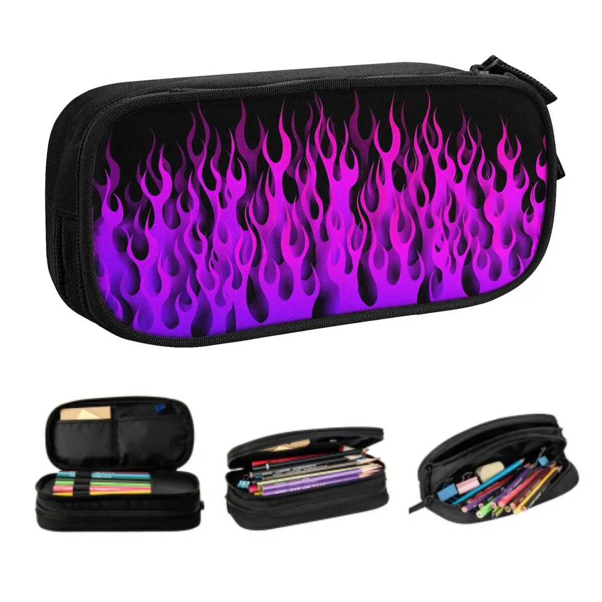 Custom Purple Fire Racing Flames Pencil Case for Boys Gilrs Large Storage Pen Box Bag School Supplies