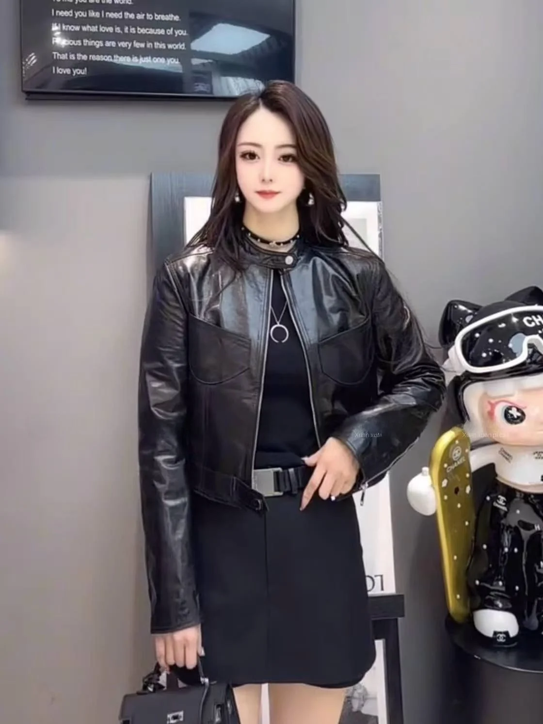 

Ning 2026 New Sle Women's Leather Jaet eepskin Coat Luxury Feel Long Sve Flip Collar Regular Length Inner Fce