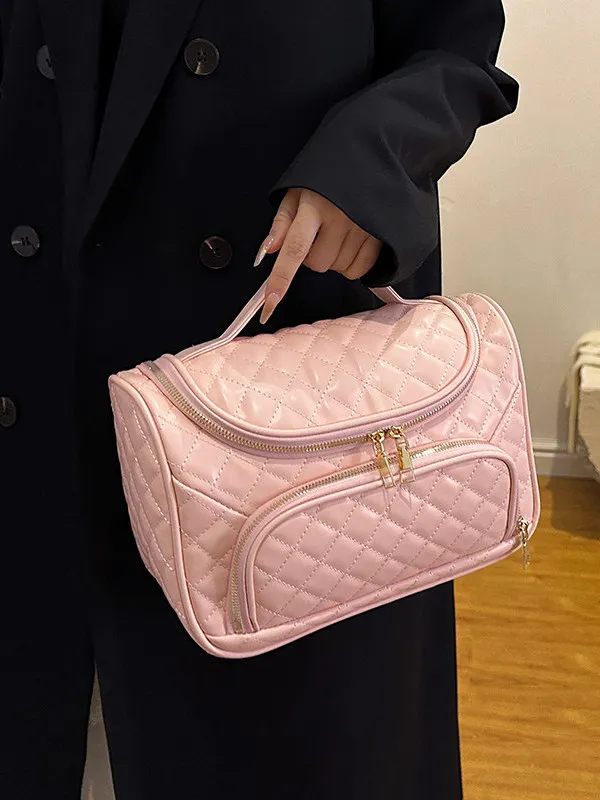 Large Capacity Portable Makeup Bag Women's Travel Toiletry Bag Handheld Diamond Grid High Aesthetic Value Candle Knock Bag