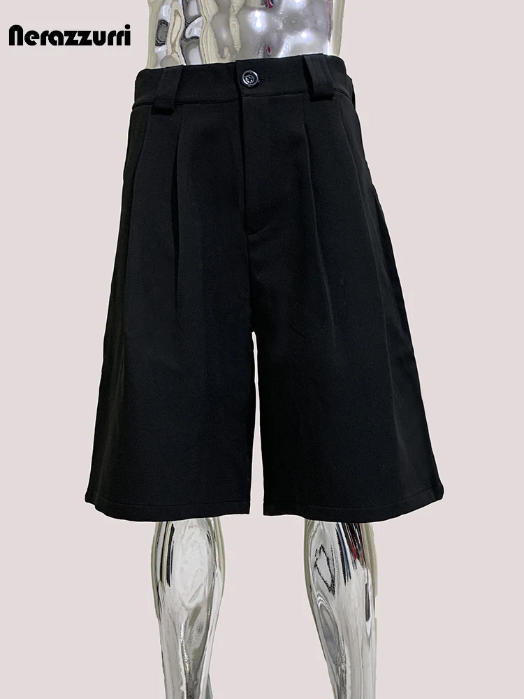 

Mauroicardi весна лето осень свободные повседневные мягкие черные шорты для мужчин с высокой талией шикарные прямые брюки до колена высокое качество корейская модная одежда 2025