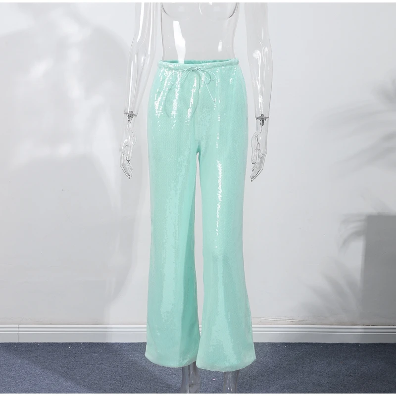 Street Women's Sequin Lace Up Pants Elastic Low Waist Wide Leg Female Trousers 2026 Spring Summer Lady Shiny Party Chic Pants