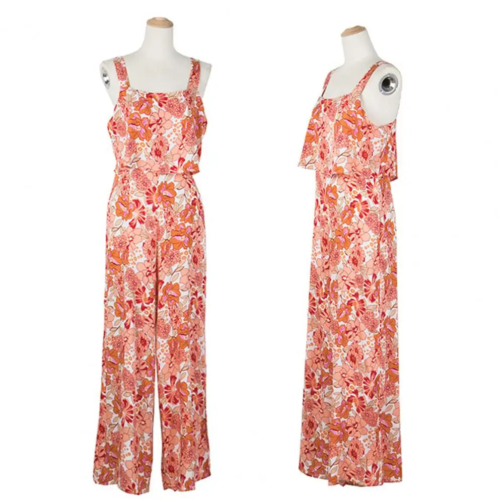 High-waisted Jumpsuit Floral Print Backless Wide Leg Jumpsuit for Women Vacation Beachwear with Square Neck Zipper Closure Women