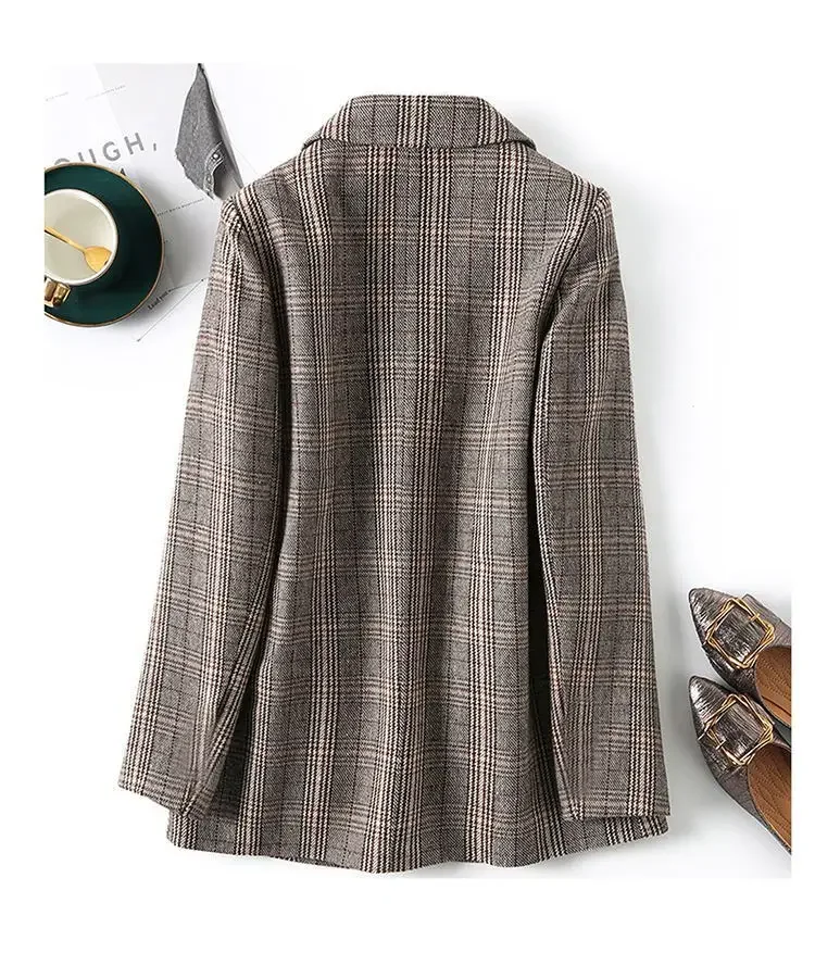 Tweed Plaid Long-Sleeved Casual Suit Female Fall And Winter Korean Retro Fashion Temperament Lapel Casual Blouse Jacket ZL427