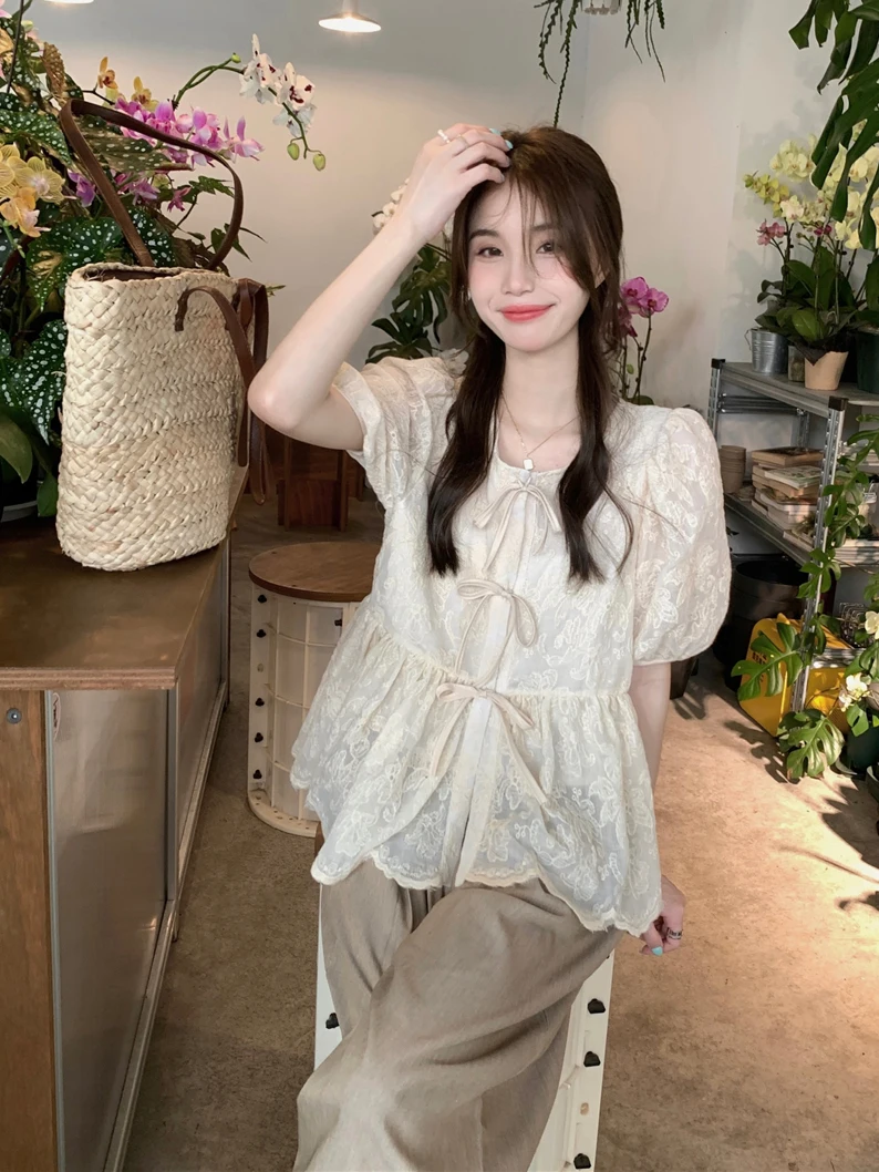 

Kumikumi Embroidered Knot Short Sleeve Shirt Women's Summer Sweet Style Slimming Outerwear Top Korean Version Strai...