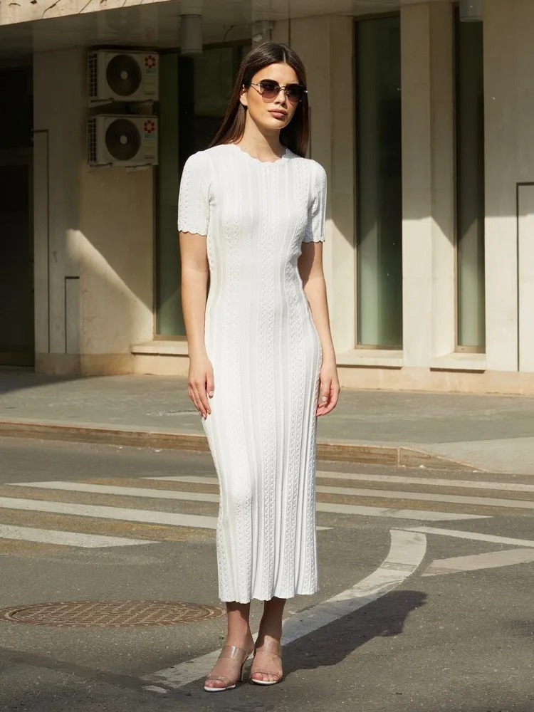 Elegant White Knit Long Dress for Women Summer Sexy O-Neck Short Sleeve Bodycon Party Dresses Summer Holidays Casual Dress 2024