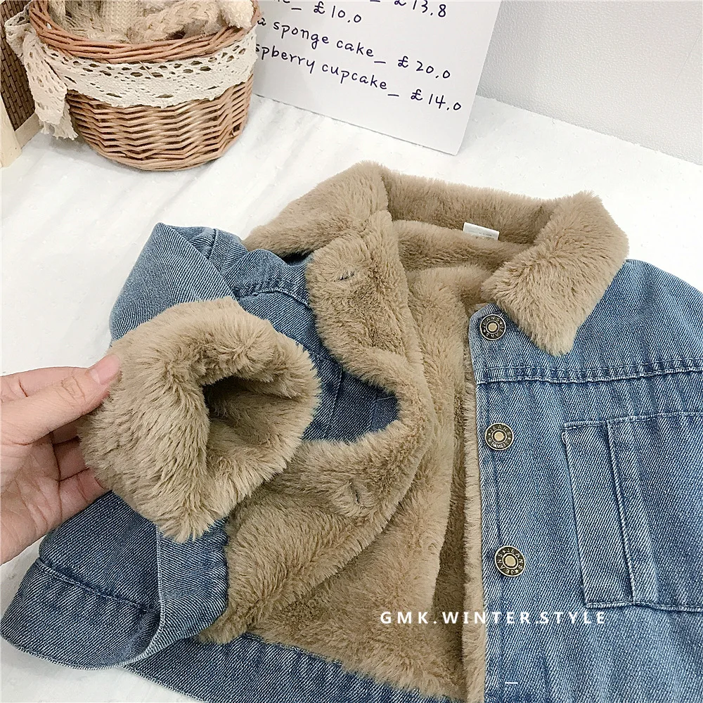 Girls\' cashmere denim coat winter thickened new integrated baby lamb cashmere warm gown children\'s cotton-padded jacket1-8Y