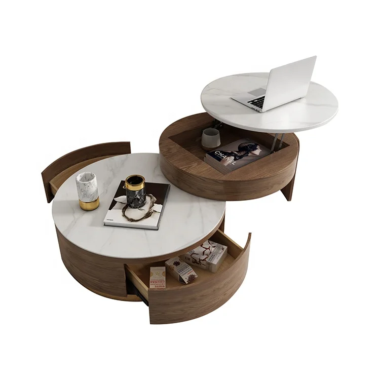 Professional Customized Home Furniture Modern Round Adjustable Slate Coffee Table Set