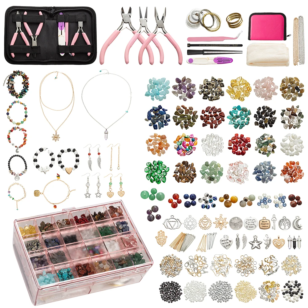 DIY Handmade Gemstone Anel Fazendo Kit para Mulheres, Colar de miçangas e Pulseira, Tree Design, 24 cores