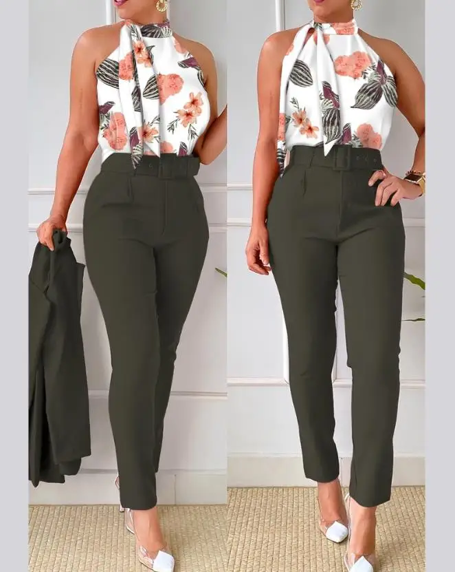 Women Chic Commuting Suits 2024 Spring Summer Latest Fashionista V-Neck Ruffles Print Tank Top & High Waist Pants Set with Belt