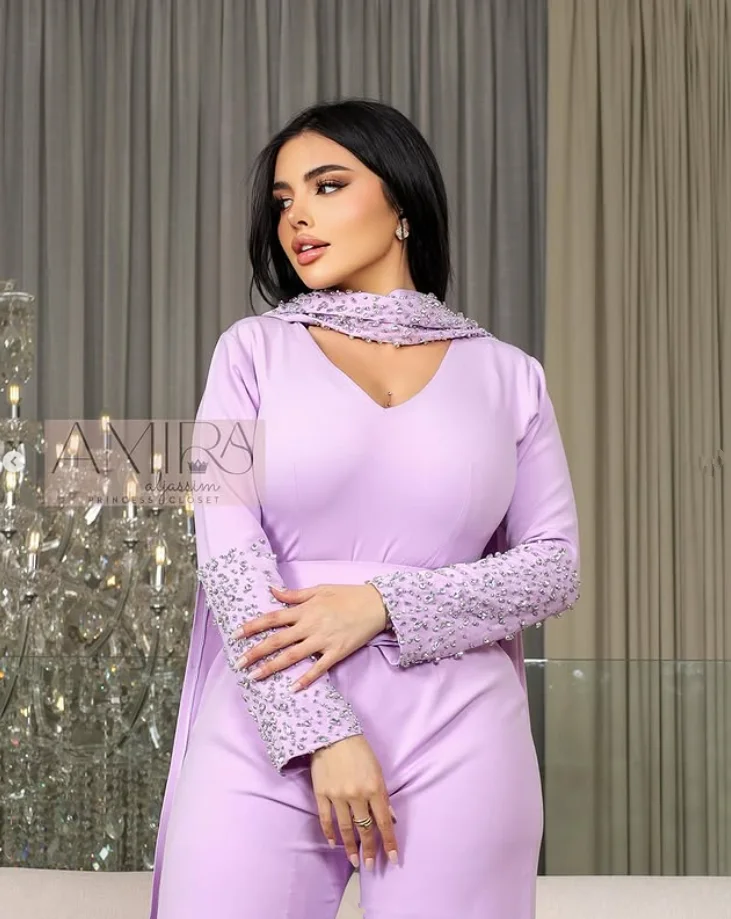 Lilac Lavender Jumpsuit Evening Formal Dresses with Ribbon Long Sleeve Crystal Beaded Customized Jersey Prom Gown Pant Suit