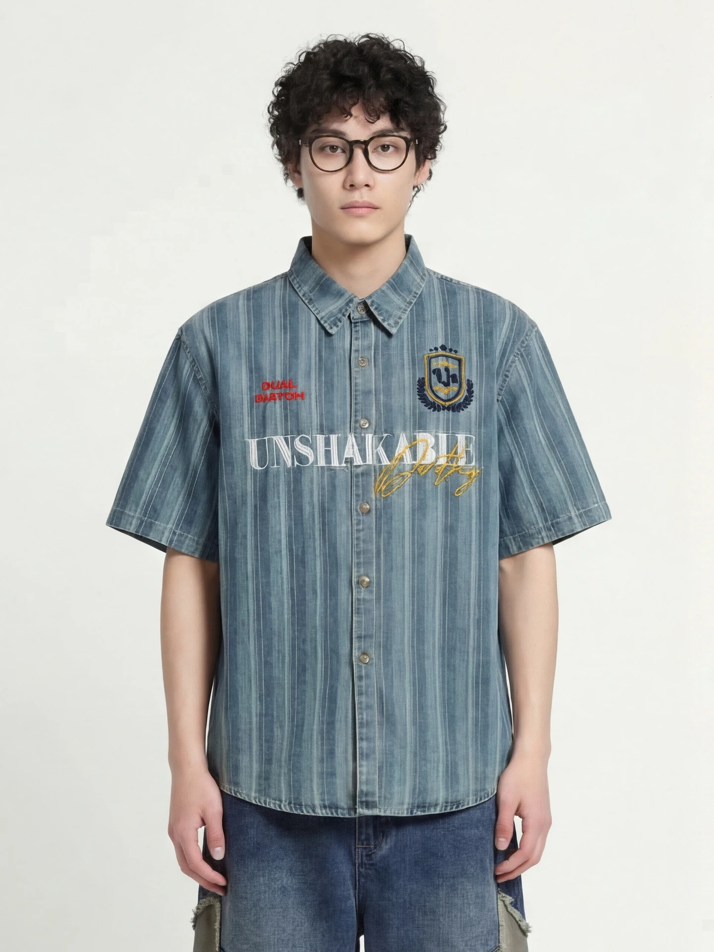 

Loose Fit Casual ort Sve Embroidered Denim irt from Trendy Brand Ins Retro Letter Stripe Pattern Breathable Cotton