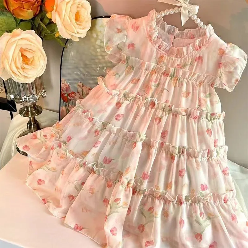 

Baby Girl Dress 2025 Summer Tulip Skirt Flying Sleeve Flower Print Princess Dress Casual Beach Holiday Party Children's Clothing