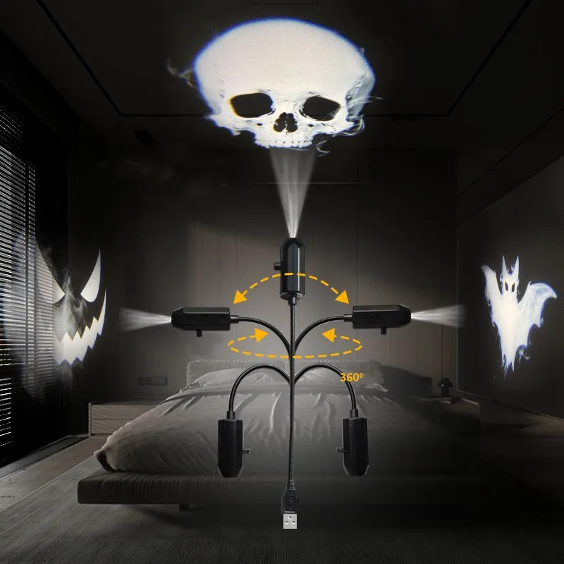 2025 Halloween USB Projector Light Ghost Skull Night Light Switchable Pattern LED Projector Lamp for Room Ceiling Window Decor