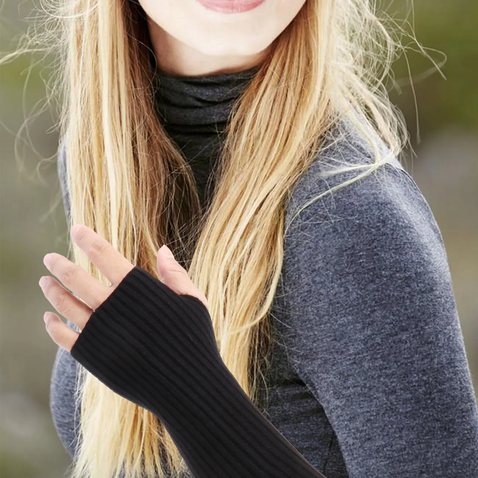 1Pair Winter Warm Arm Warmers Gloves Oversleeves Thumb Hole Long Fingerless Wool Knitted Sleeve Women Outdoor Sports Jogging