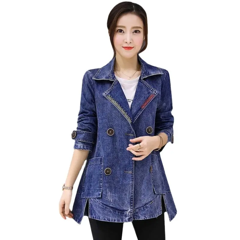 

UHYTGF Loose Size Short Denim Jacket Women Casual Blue Jean Jacket Double-breasted Female Bomber Denim Coat Wild Jeans Jacket409