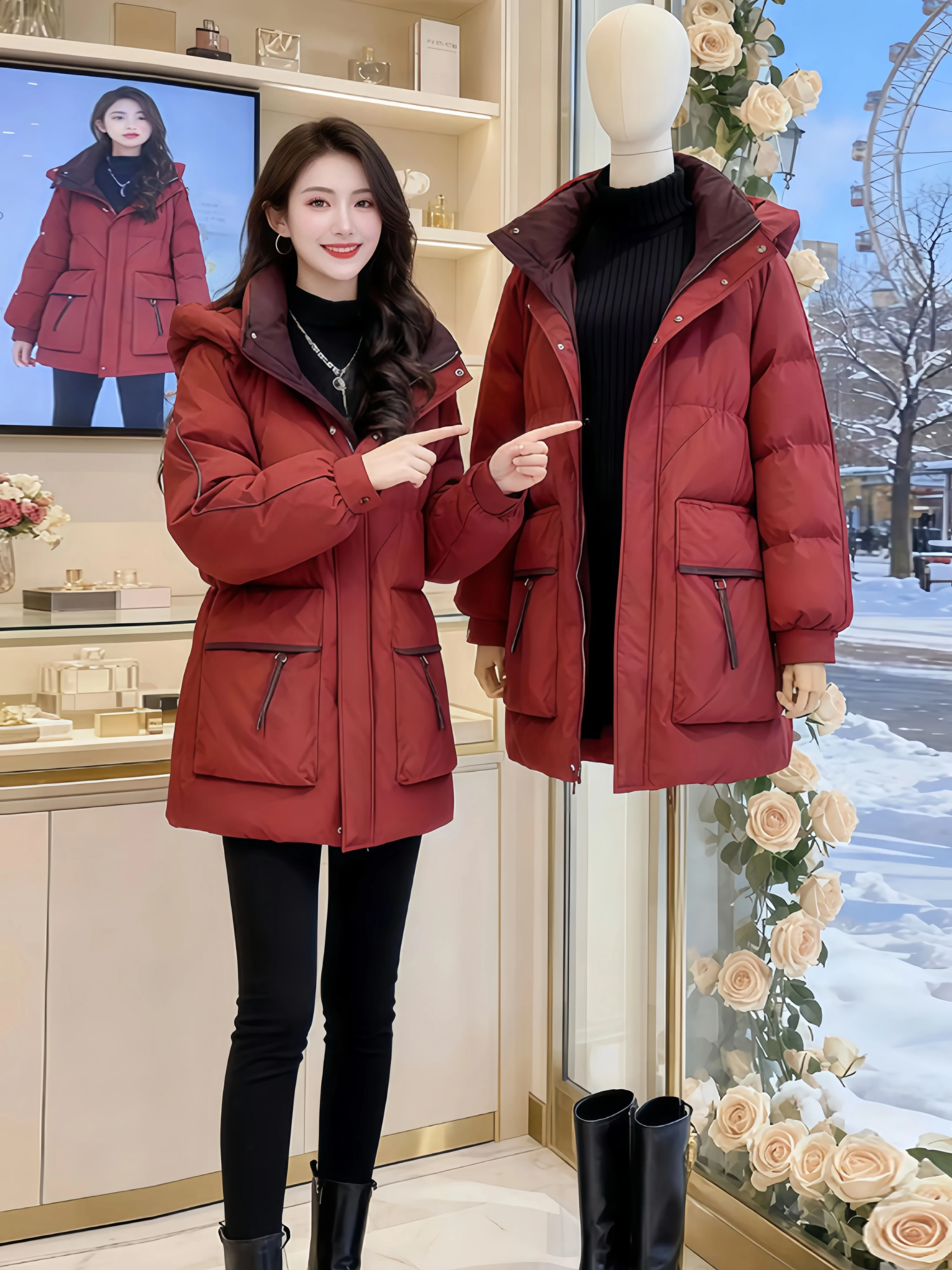

Korean Style Lightweight Red down Cotton Jacket Women Winter New Loose Mid-Length Cotton Insert Outerwear Fashionable Commute