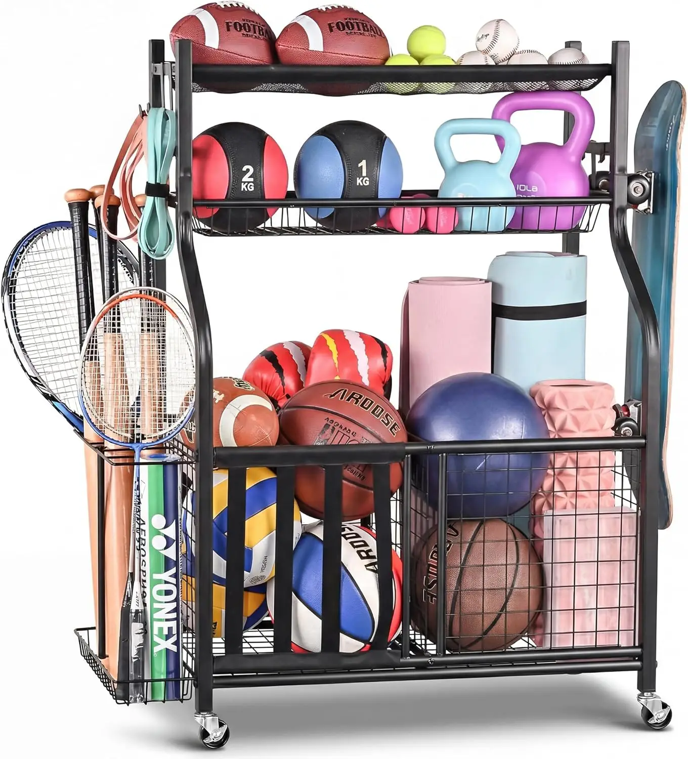 Sports Equipment Storage Rack for Garage, Indoor/Outdoor Organizer with Basket and Hooks