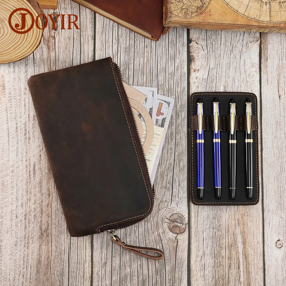 

JOYIR Genuine Leather Multifunctional Stationery Zipper Pen Bag Vintage Pencil Box Handmade School Office Pen Gel Case Tray