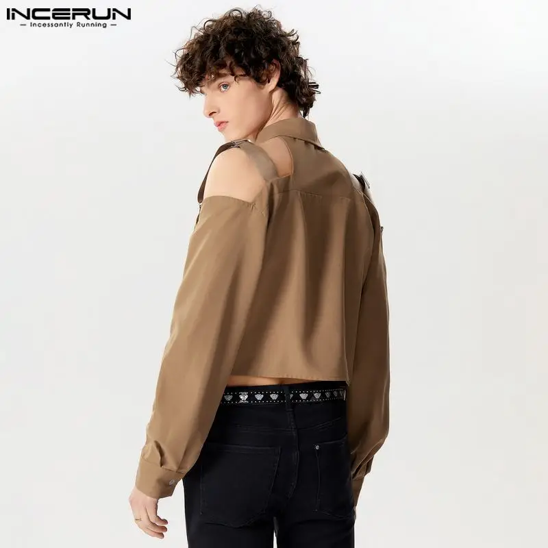 Men\'s Shirt Hollow Out Lapel Long Sleeve Button Male Crop Tops Sexy Solid Color 2024 Streetwear Fashion Casual Camisas INCERUN