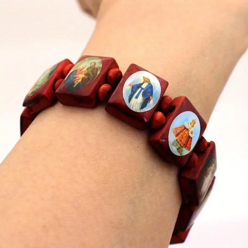 Wooden Rosary Bracelet - Elegant Religious Icon Stickers, Drip Oil Finish, Spiritual Beaded Prayer Jewelry For Devotional Wear