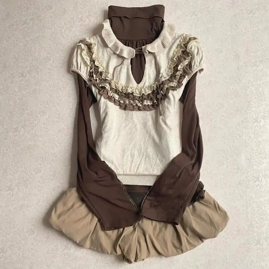 

Комплект из 3 предметов в стиле Y2K Harajuku: винтажные укороченные шорты, кружевные вставки, пэчворк, в стиле милой лолиты, с длинными рукавами, в японском стиле 2000-х годов