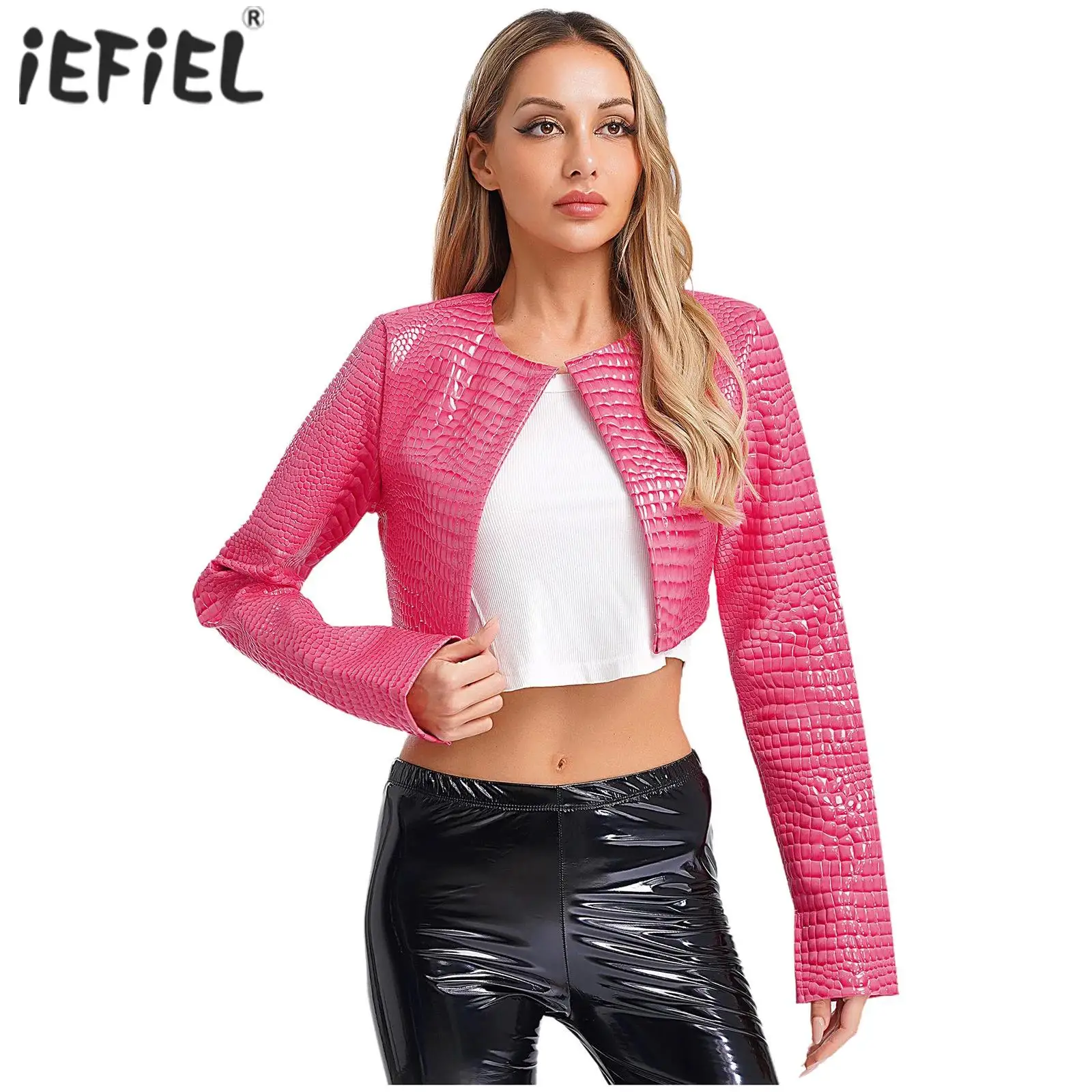 

Women Long Sleeve Snakeskin Embossing Cropped Jackets Tops Long Sleeve O-Neck Slim Fit Bolero Blazer Motorcycle Basic Outwear