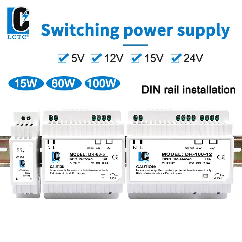LCTC DR-15/60/100 Zasilacz impulsowy 5V 12V 24V Zasilacz na szynę DIN Transformator przemysłowy Mała objętość 4,2A 6,5A 7,5A