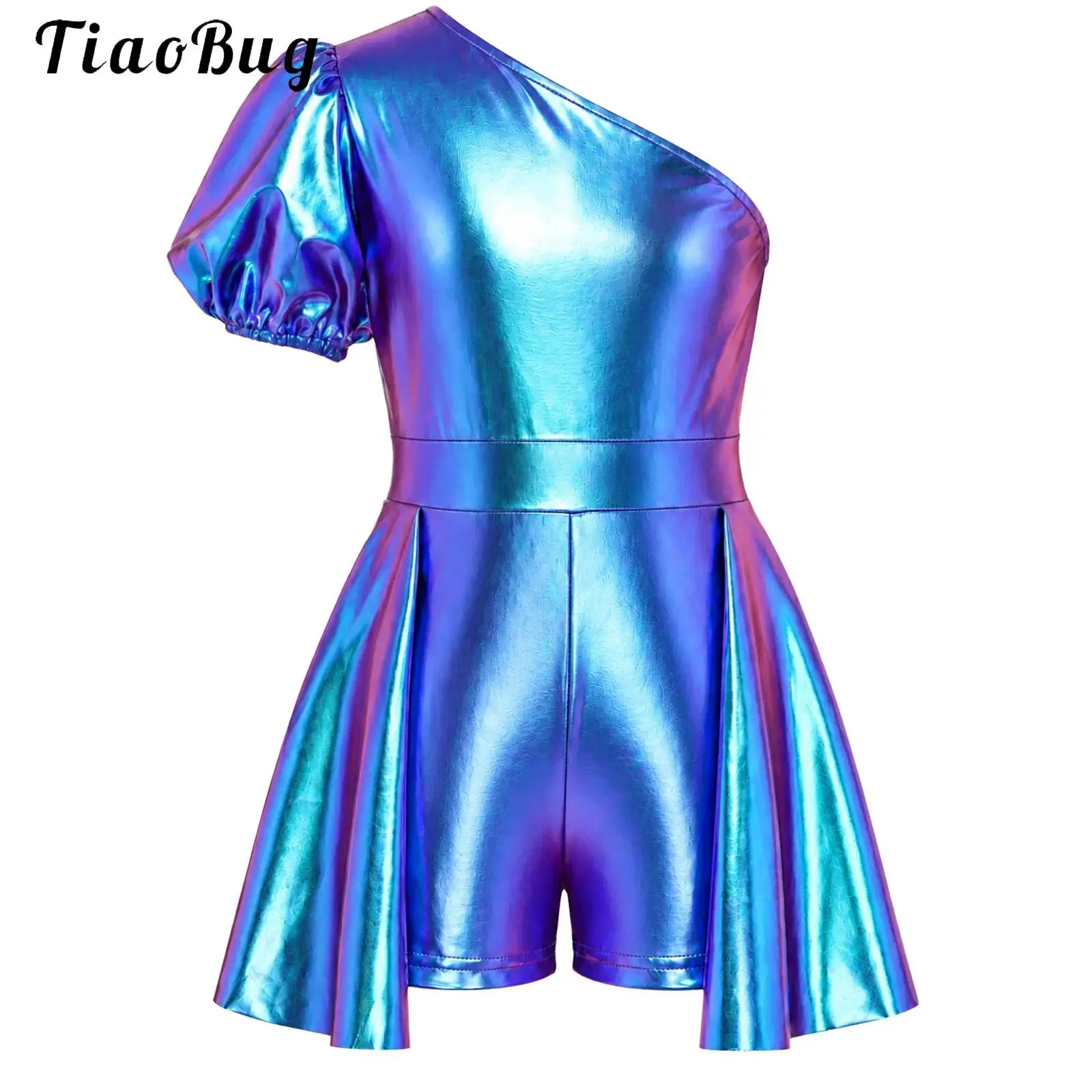 Kids Girls One Shoulder Metallic Jumpsuit Puff Sleeve Shiny Skirted Leotard Short Unitard Xmas Disco Jazz Dance Pageant Rompers