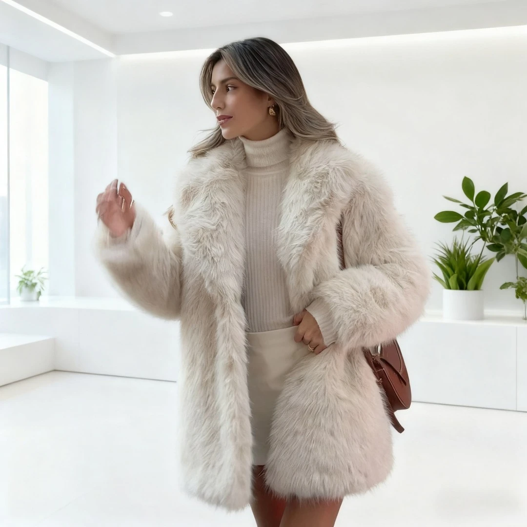 Branco casacos de pele do falso trabalho feminino solto turn down collar casaco grosso quente y2k streetwear elegante jaquetas peludas outono inverno 2025