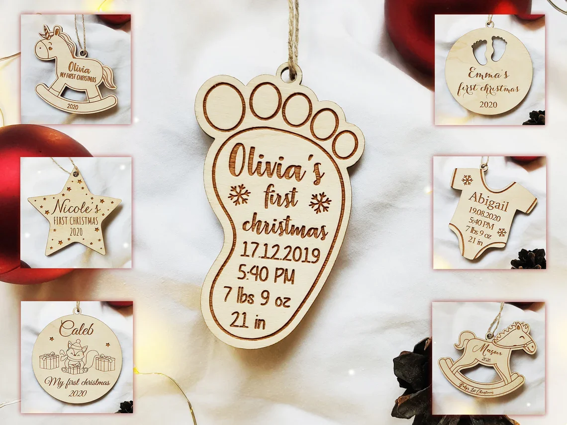 

Baby's First Christmas Tree Gift Decoration | Babys 1st Xmas Keepsake| Engraved with Baby's Name | Custom Christmas Shape