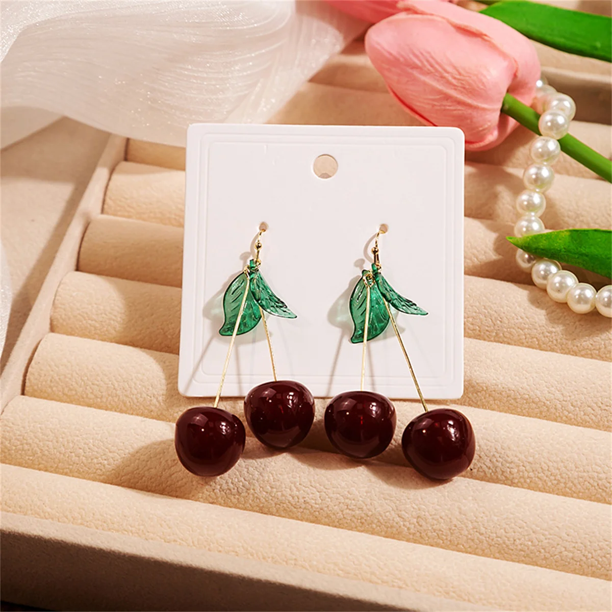 Elegant Cherry Stud Earrings Cute Fruit Cherry Beads Pendant Earrings Dangle Earrings Gifts Girl Jewelry Party Drop Earrings