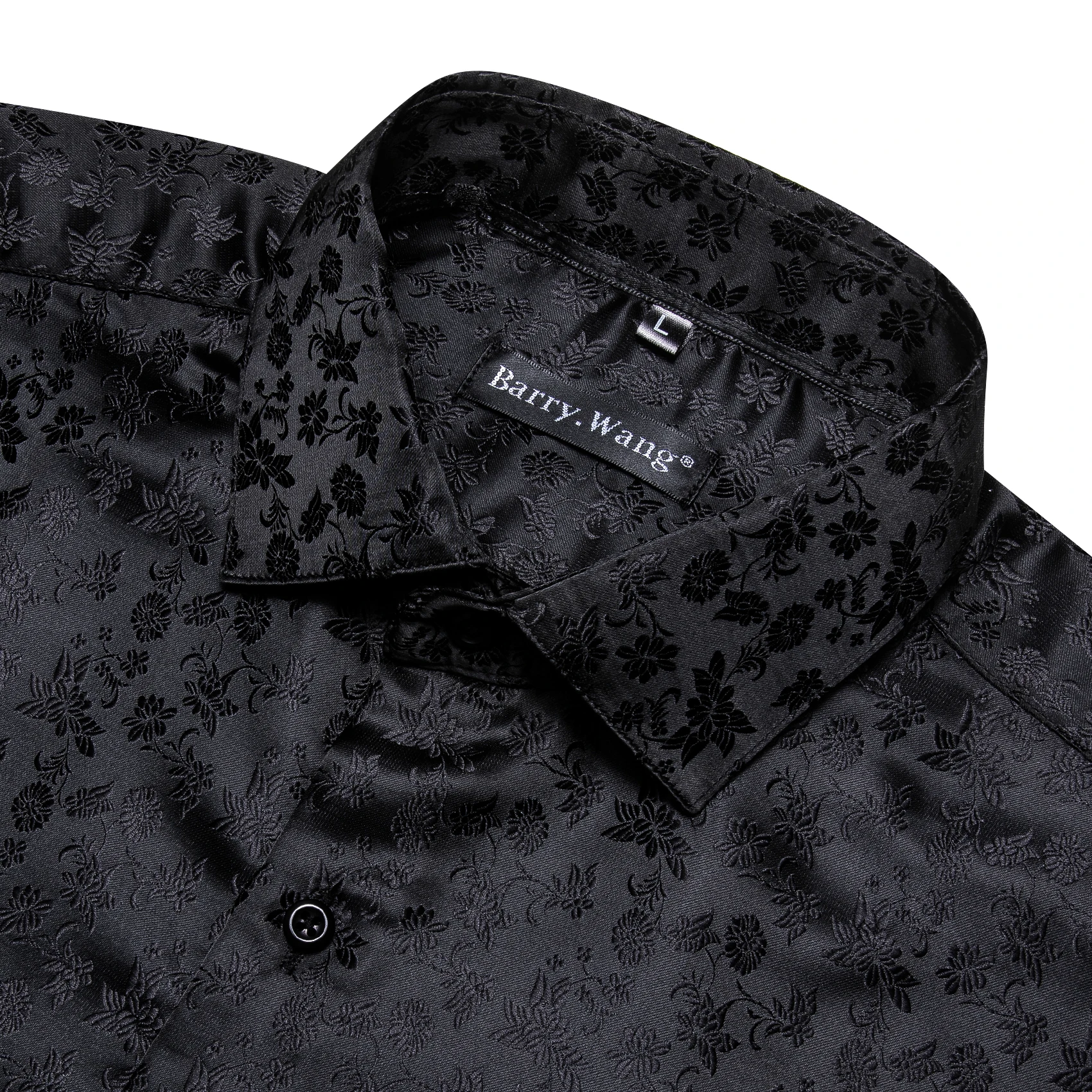 Barry Wang Mens Shirts Black Floral Silk Embroidered Long Sleeve Slim Causal Turn Down Breathable Colorfast Men Clothing Tops