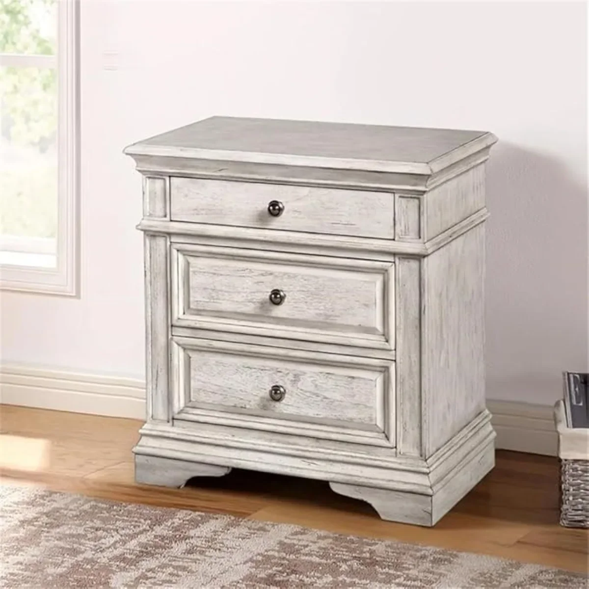 Highland Park Nightstand, Driftwood Finish, Nickle Hardware, 2 USB Charging Ports, 2 Full Size Drawers & 1 Half Size Drawer