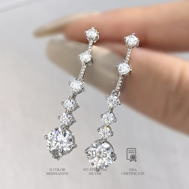 S925 Rhodium Plated Silver 2CT D Color Moissanite Long Fringe Star Drop Ear Studs for Women, Exquisite Jewelry