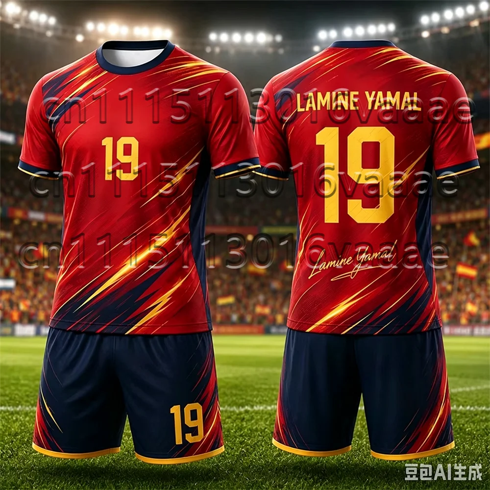 Kinder-Trainingsanzug Fußballtrikot Yamal Nr. 19 Bedrucktes T-Shirt+Shorts-Set Spanien Fan-Outfit Sportbekleidung Kinder/Erwachsene 2-teiliges Set – Detail 4