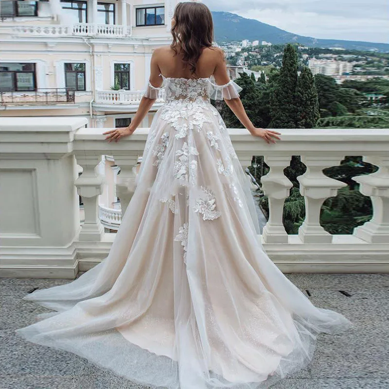 Customized Sweetheart A Line Wedding Dresses Off Shoulder Champagne Tulle Appliques Sleeveless Bridal Gowns Womens Formal