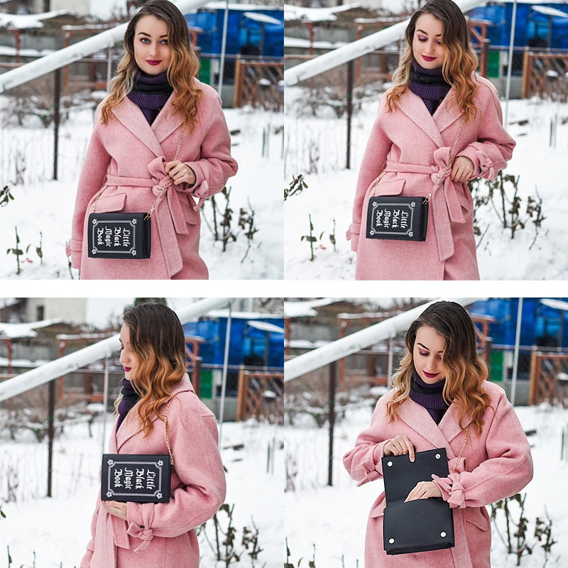 Bolso de mano con diseño de libro mágico para mujer, bandolera de piel sintética negra con cadena, pequeño, a la moda