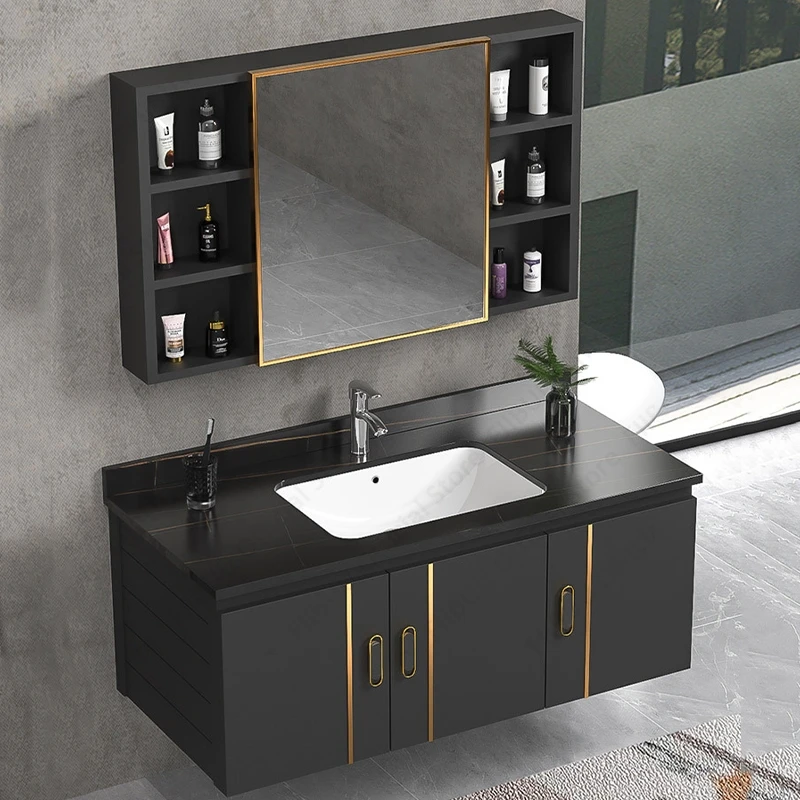 Bathroom Vanity Cabinet Set with Integrated Ceramic Sink Drain Accessories Wall Mounted Aluminum Storage Cabinet Mirror Combo