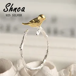 New Arrival Pure 925 Sterling Silver Tree Branch Golden Birds Open Rings For Women Female Anti-Allergy XR050