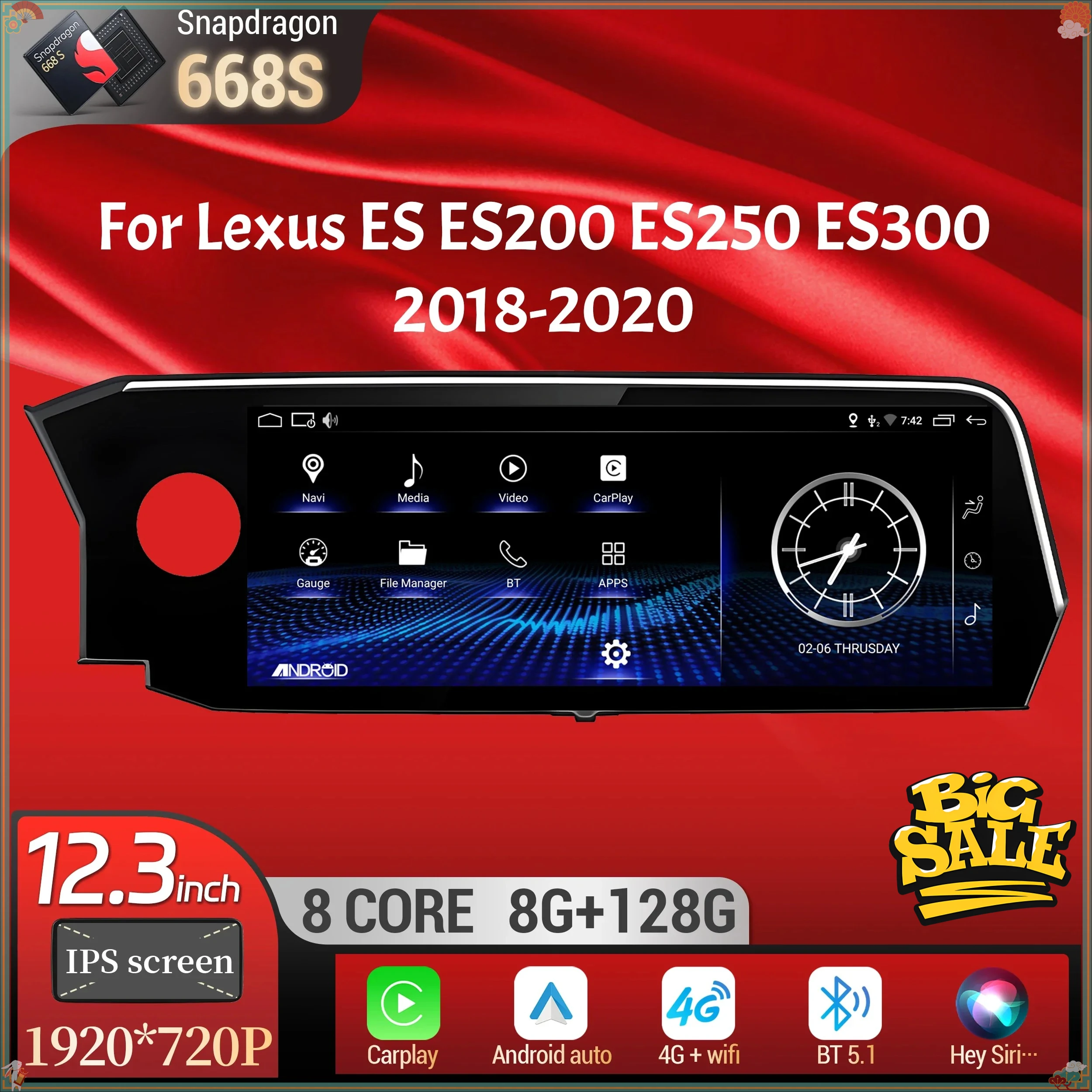 

12.3inch For Lexus ES ES200 ES250 ES300 2018-2020 Android 14 Car Radio Multimedia BT Carplay Snapdragon 668S Head Unit Screen
