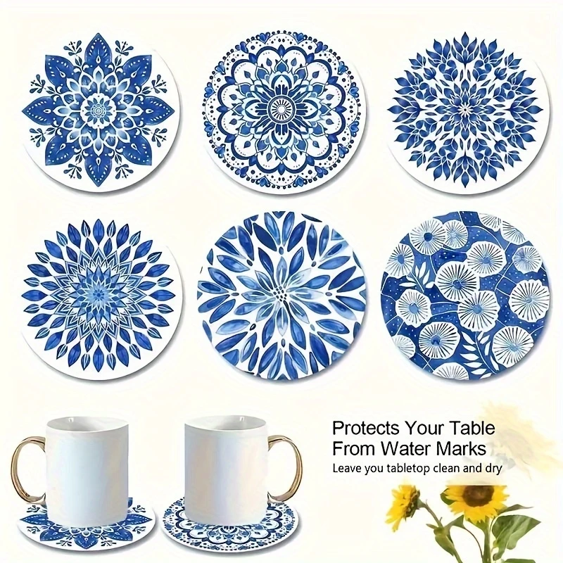 Chinese Style Blue and White Porcelain Wood Mandala Flower Round Coasters Anti-hot Home Office Restaurant Cafe Table Decoration