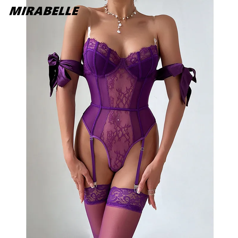 MIRABELLE Purple Lingerie With Stocking Sleeve Sexy Fancy Underwear 5-Piece Uncensored Intimate See Through Mesh Sensual Outfit