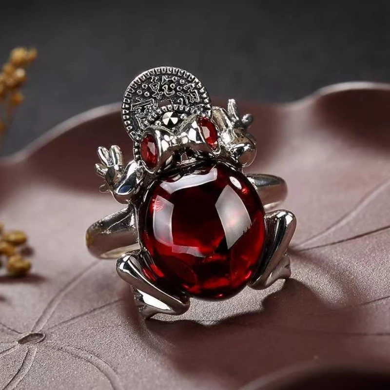 Personality Jade Spittor Coin Design Women Ring Adjustable Ethnic Style Lucky Coin Ring Female Index Finger Accessories