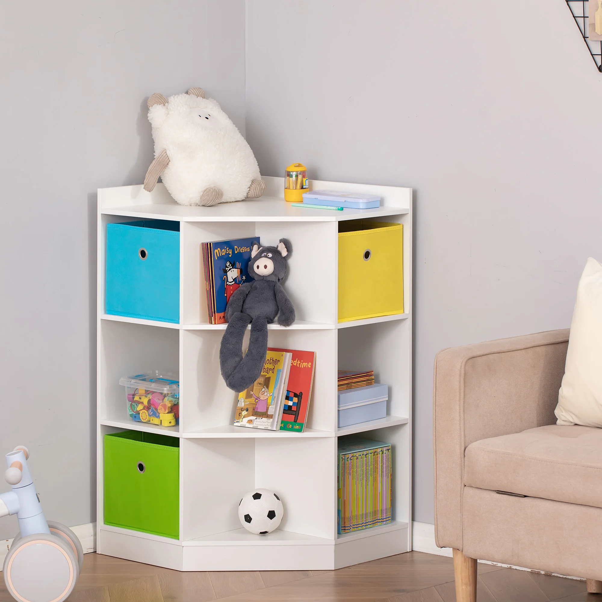 Space-Efficient Kids Storage Organizer for Small Bedrooms, Corner Shelf, White