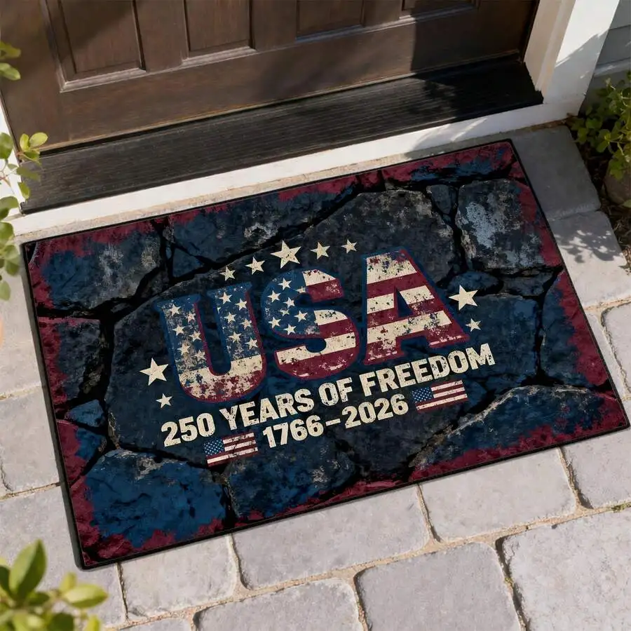 

250th Anniversary USA Patriotic Floor Mat Vintage Welcome Rug Red Blue Non-Slip Polyester Rectangle Entrance Decor