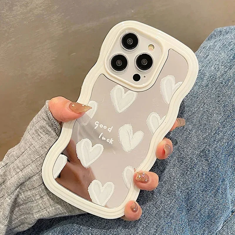 Korean Lovely White Heart Makeup Mirror Case For iPhone 14 15 Pro Max 13 11 12 14 Plus XS X XR Shockproof Cover Fundas Bumpers