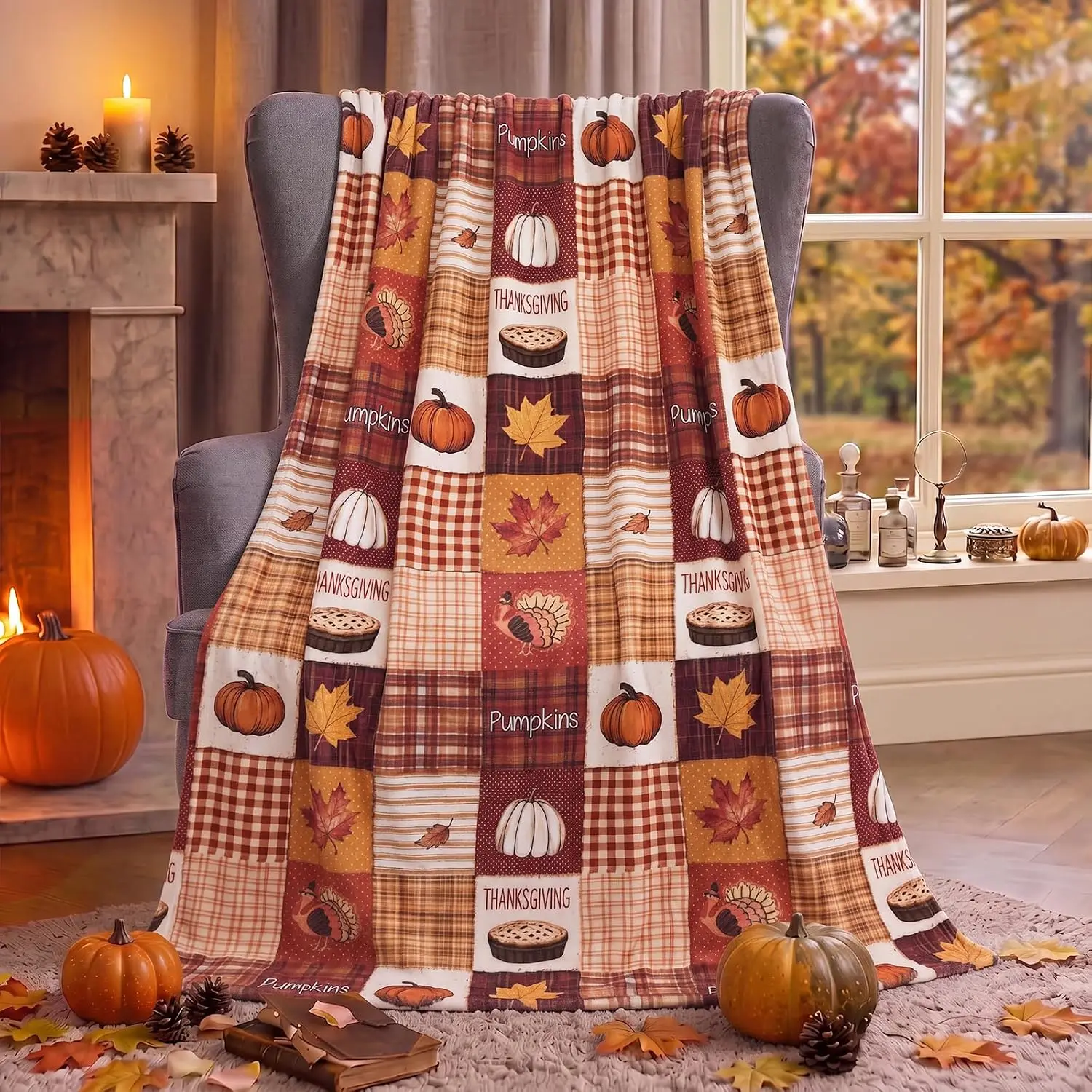 Thanksgiving Blanket Farmhouse Turkey Throw Blanket Fall Patchwork Pumpkin Fleece Flannel Quilt Blankets Soft Cozy Plush for Couch Bed Sofa Harvest Thanksgiving Decor 60