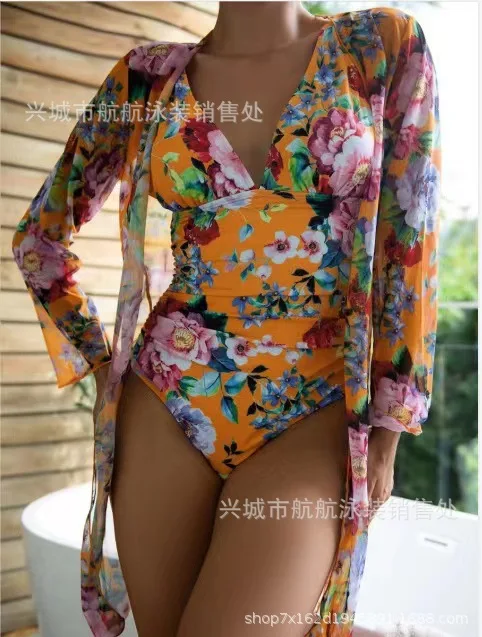 Новинка 2025 года, блузка с длинными рукавами, бикини, цельный облегающий купальник с v-образным вырезом и цветочным принтом, женский купальник со сборкой с открытой спиной